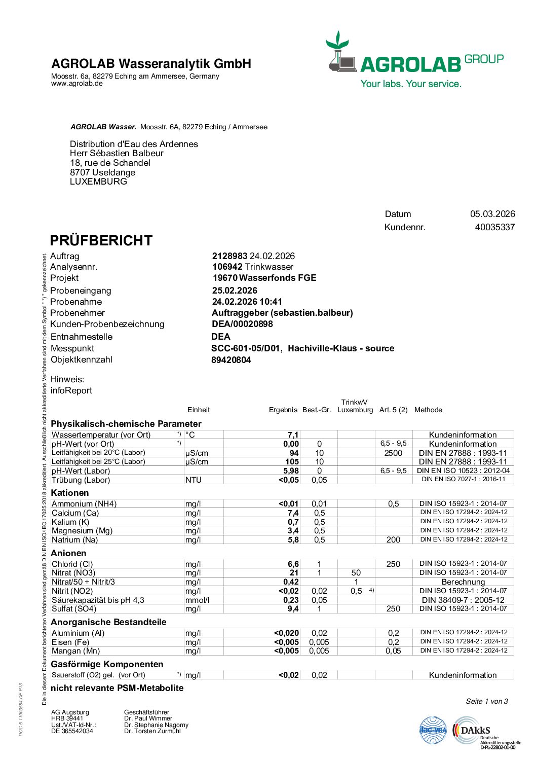 Analyse de l'eau potable - Hachiville-Klaus (source)