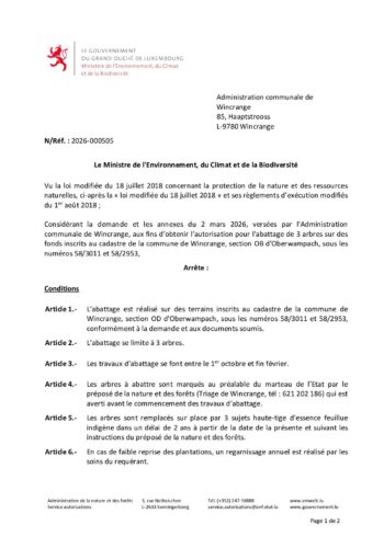 Autorisation: abattage de 3 arbres à Oberwampach