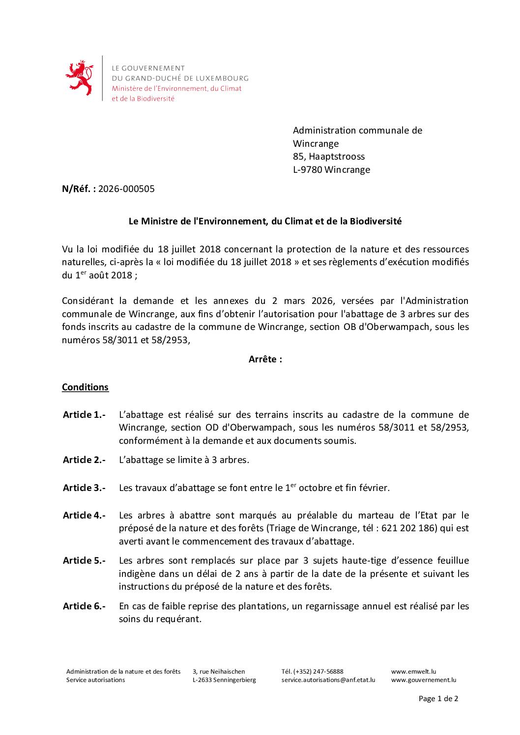 Autorisation: abattage de 3 arbres à Oberwampach