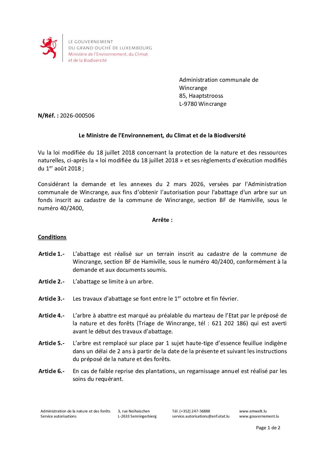 Autorisation: abattage d’un arbre à Hamiville