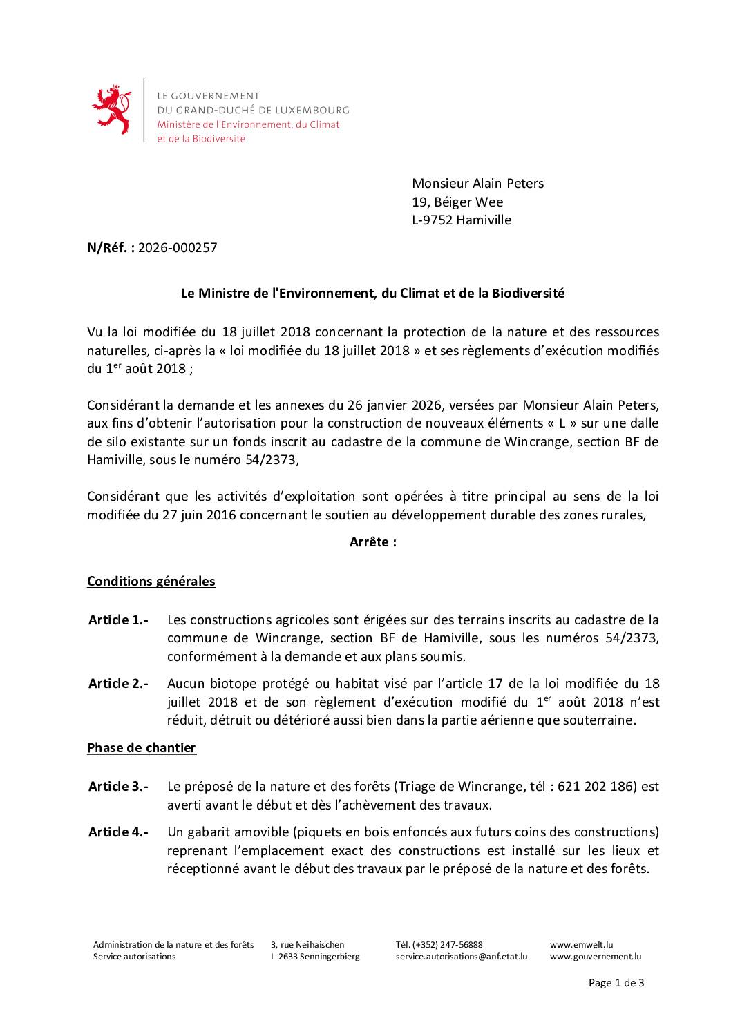 Autorisation: construction de nouveaux éléments “L” sur une dalle de silo existante à Hamiville