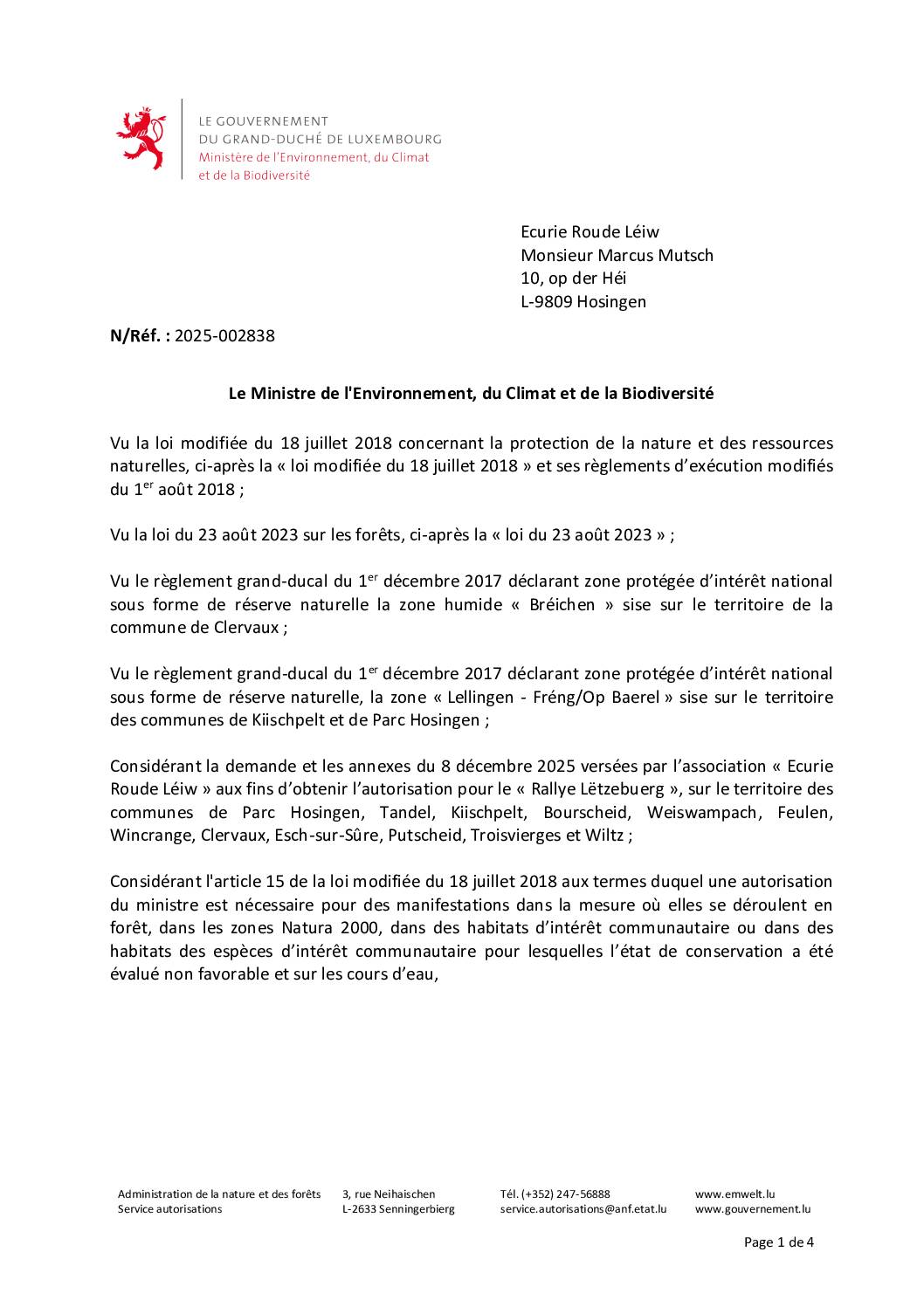 Autorisation: organisation du “Rallye Lëtzebuerg”