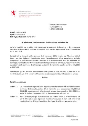 Autorisation: agrandissement d'une exploitation agricole à Hamiville