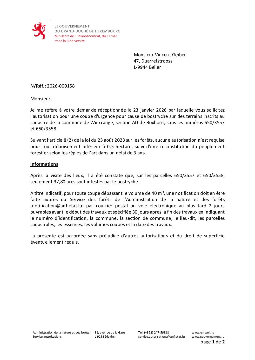 Autorisation: coupe d’urgence pour cause de bostryche à Boxhorn