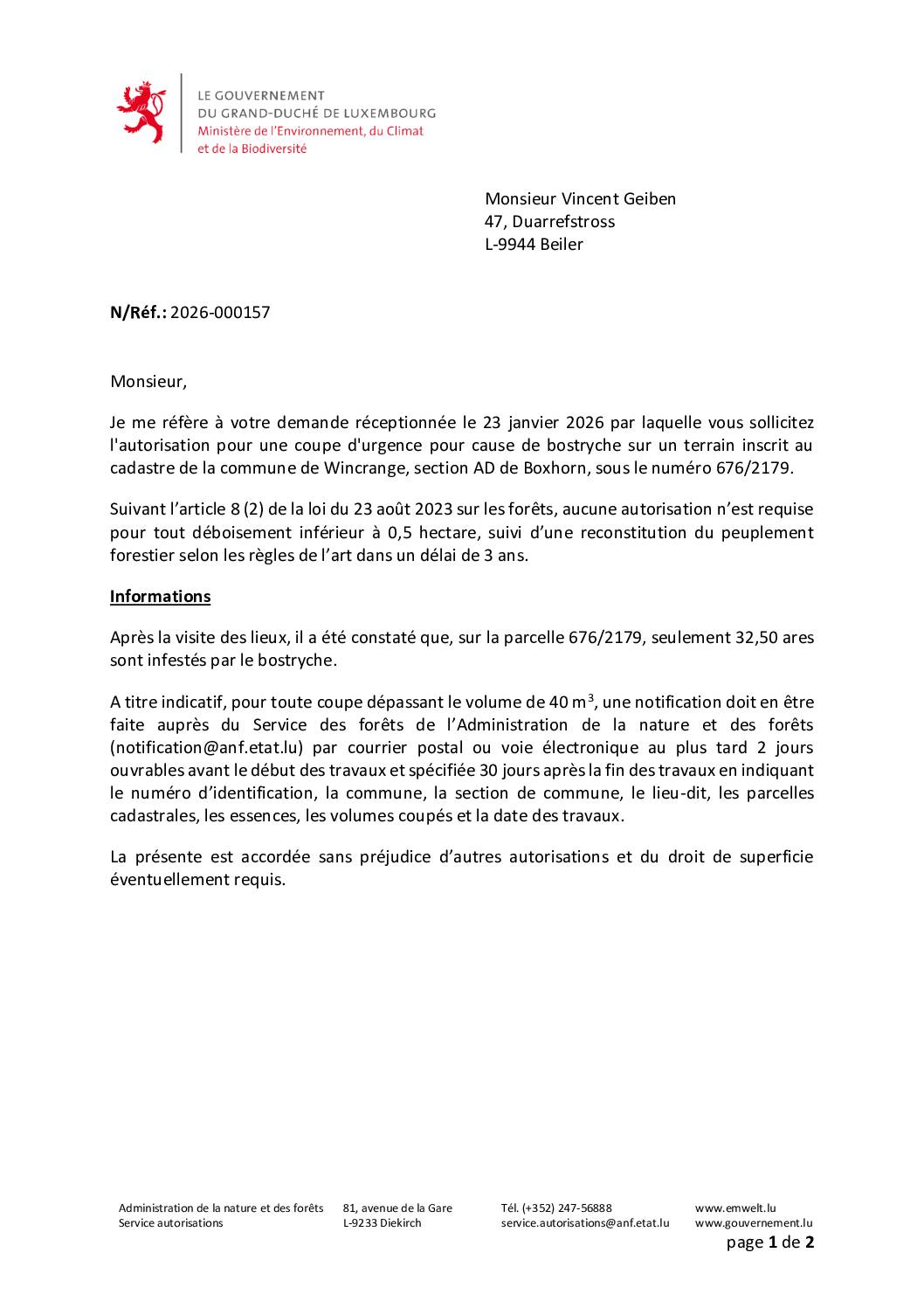 Autorisation: coupe d’urgence pour cause de bostryche à Boxhorn