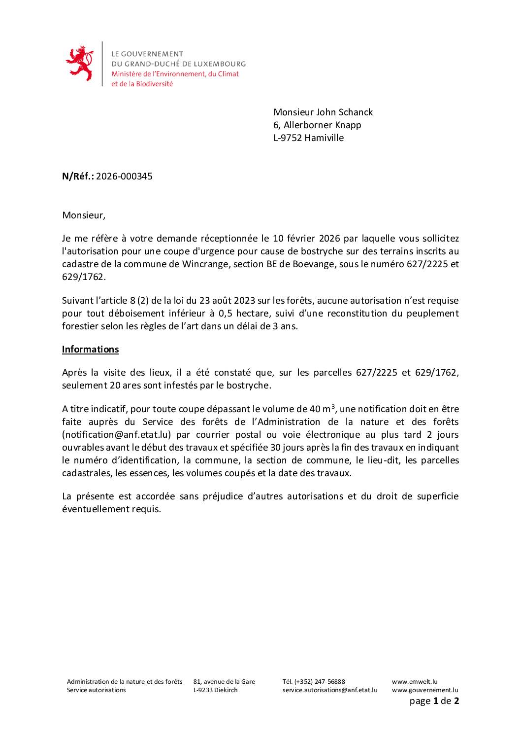 Autorisation: coupe d’urgence pour cause de bostryche à Boevange