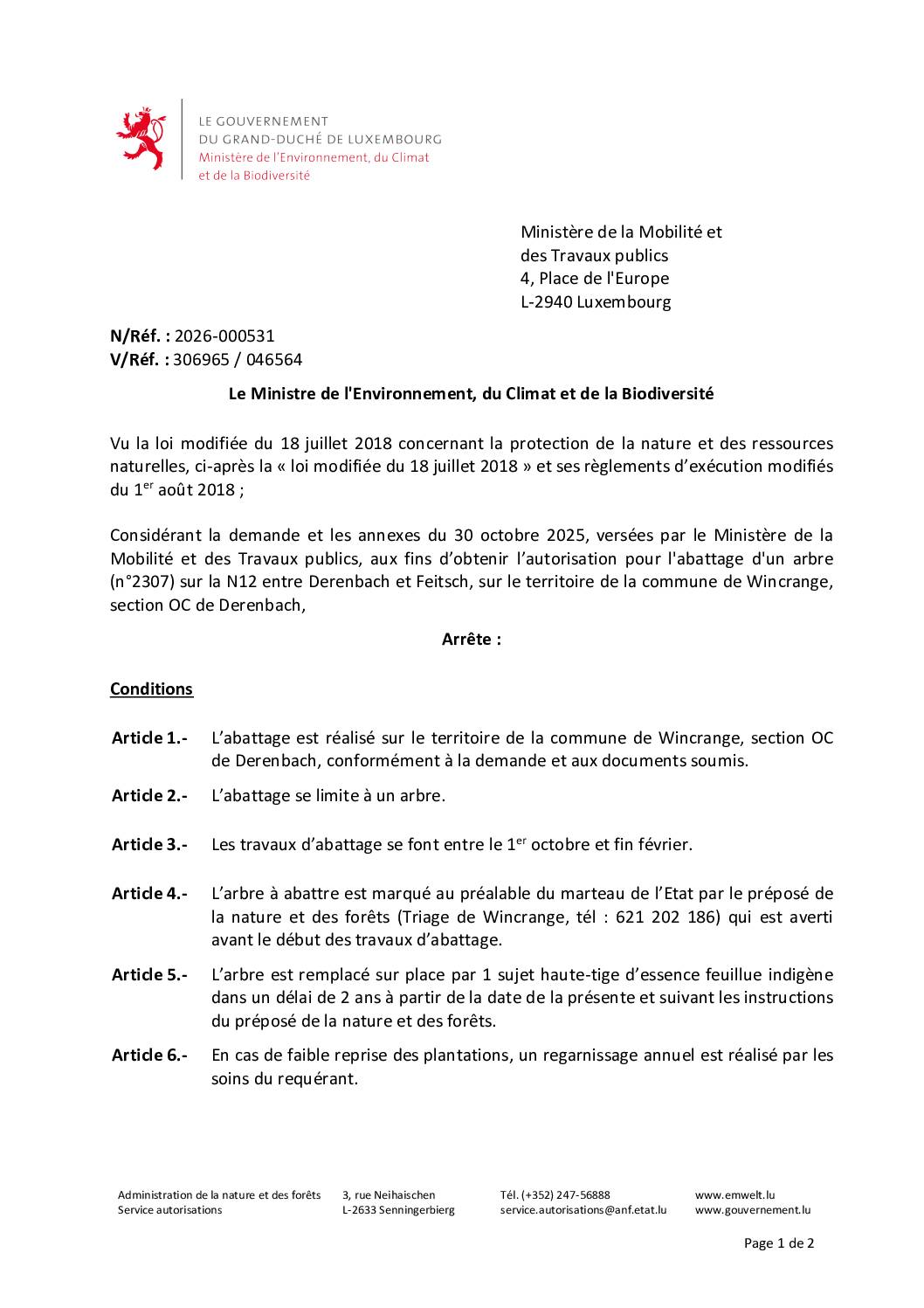 Autorisation: abattage d’un arbre sur la N12 entre Derenbach et Féitsch
