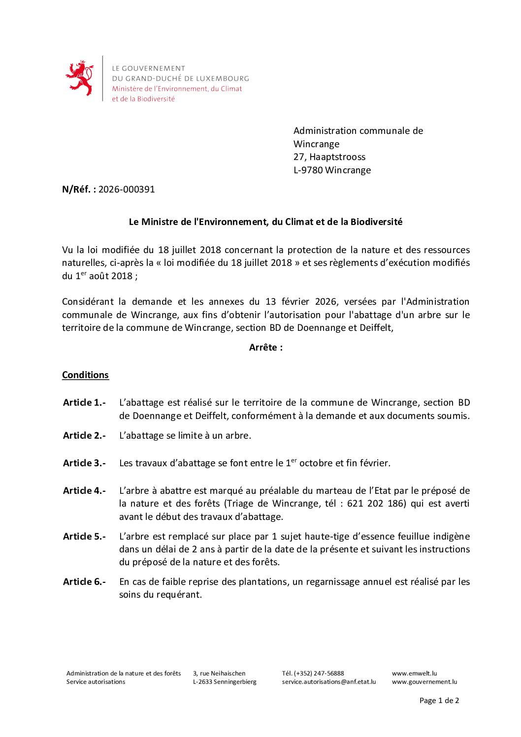 Autorisation: abattage d’un arbre