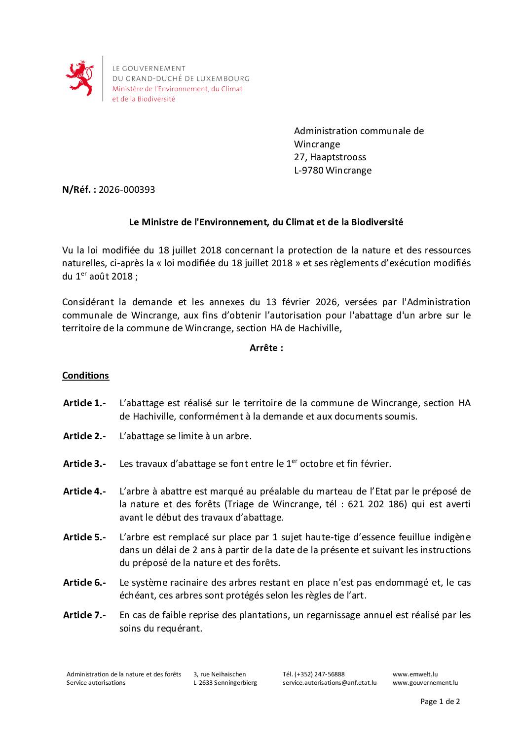 Autorisation: abattage d’un arbre à Hachiville