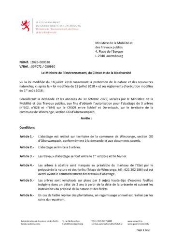 Autorisation: abattage de 3 arbres entre Schleif et Derenbach