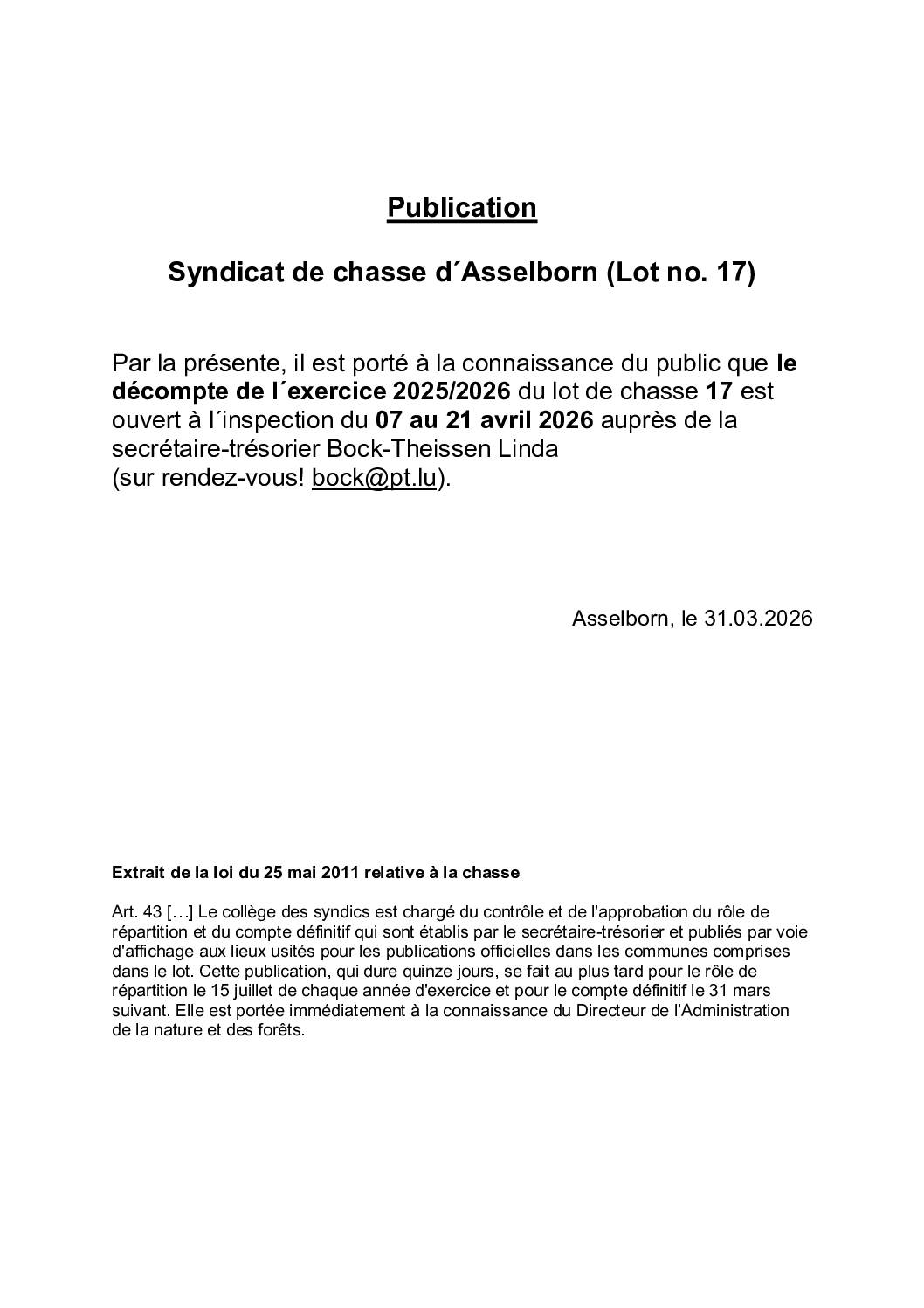 Syndicat de chasse lot 17: Décompte de l’exercice 2025/2026