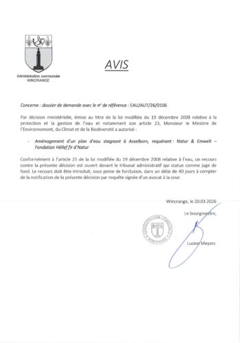 Avis: aménagement d'un plan d'eau stagnant à Asselborn