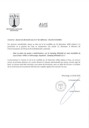 Avis: mise en place de 4 mobil-homes sur le camping Woltzdal en zone inondable du cours d'eau "Wiltz" à Wincrange