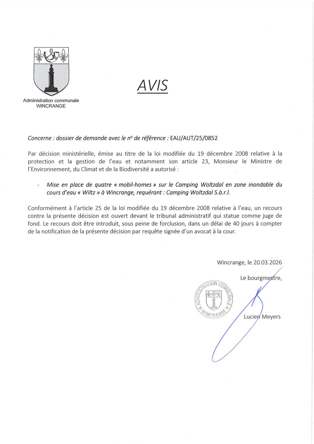 Avis: mise en place de 4 mobil-homes sur le camping Woltzdal en zone inondable du cours d’eau “Wiltz” à Wincrange