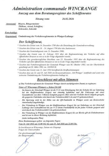 Règlement de circulation: la N12 à Wincrange régulée par des feux de signalisation ; le chemin vicinal entre Wincrange et Lullange barré à la circulation ; circulation en sens unique sur le chemin vicinal entre la banque et l'église à Wincrange ; du 24 au 25 juillet 2026
