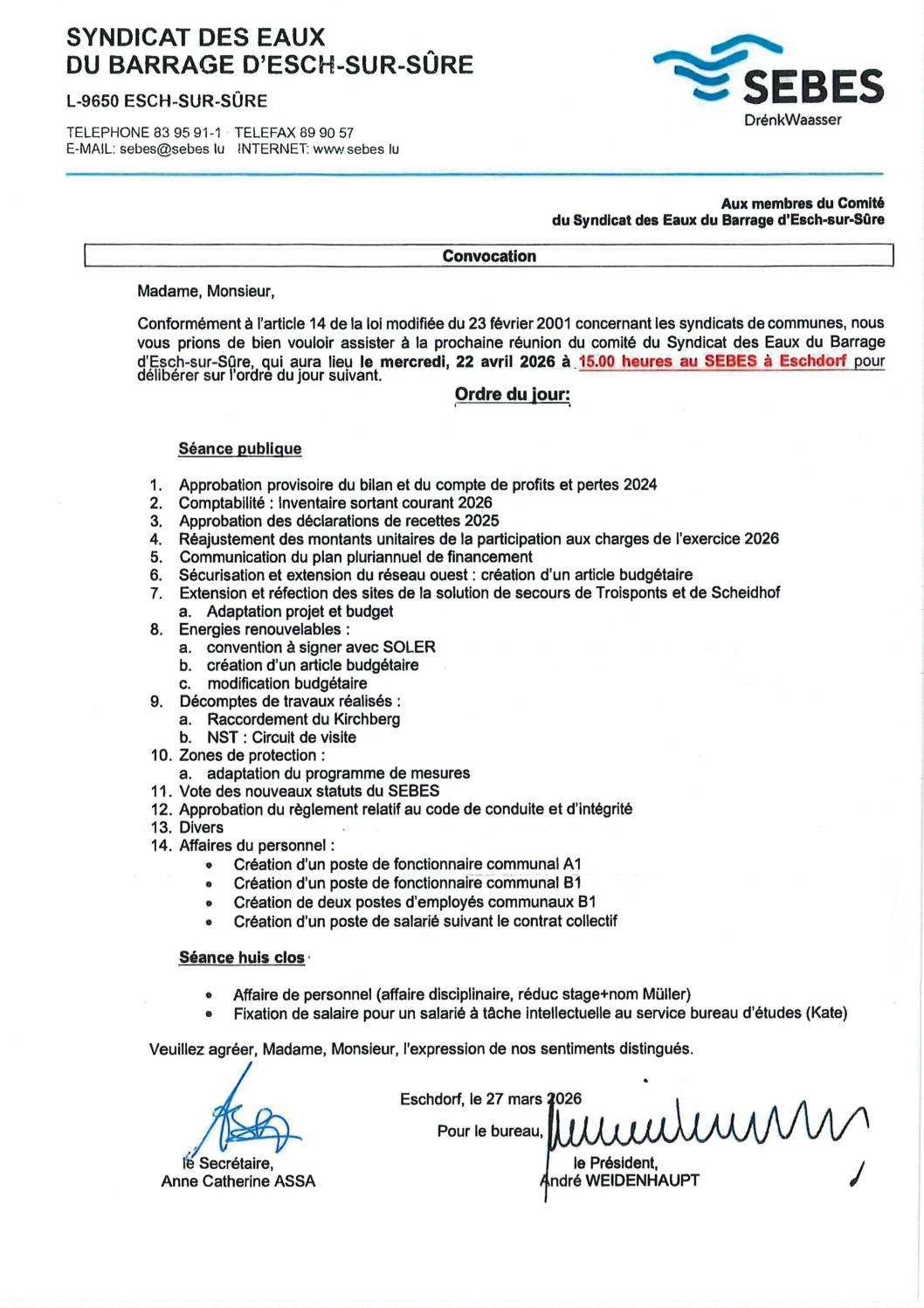 SEBES: convocation à la réunion du comité