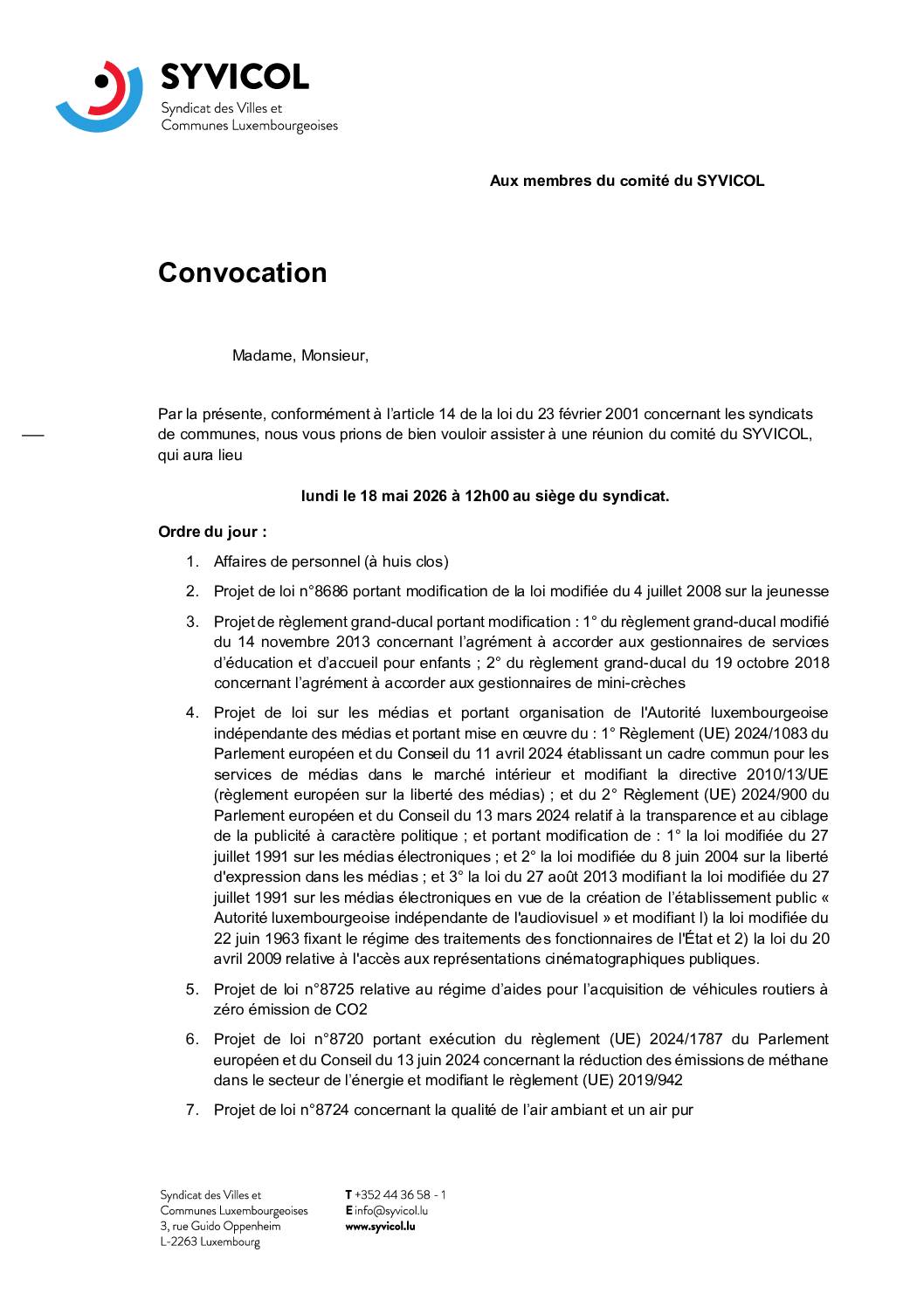 SYVICOL: convocation à la réunion du comité