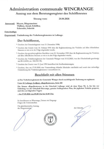 Règlement de circulation: la rue "Kapellestrooss" à Lullange est barrée à la circulation, le 17 mai 2026