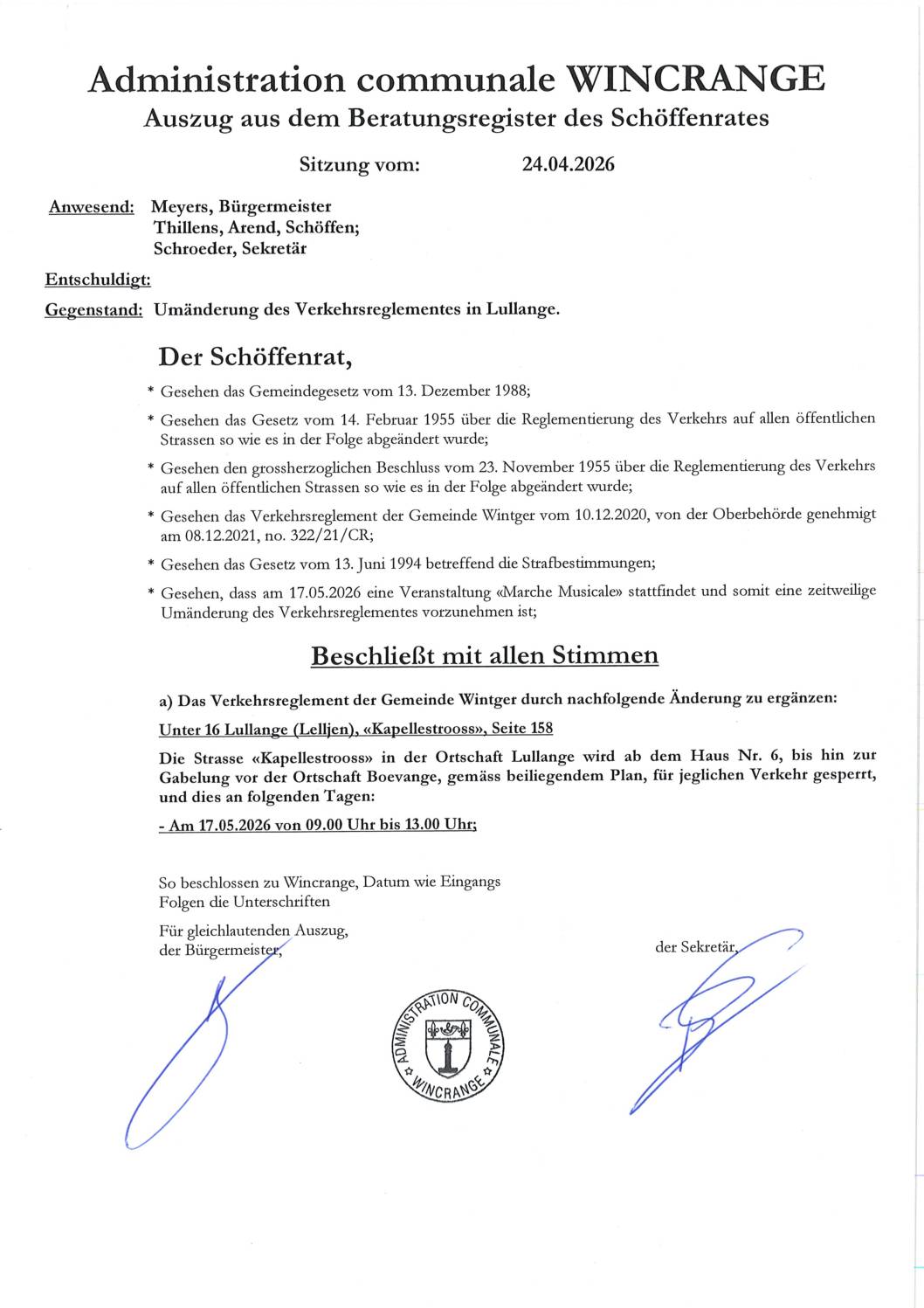 Règlement de circulation: la rue “Kapellestrooss” à Lullange est barrée à la circulation, le 17 mai 2026