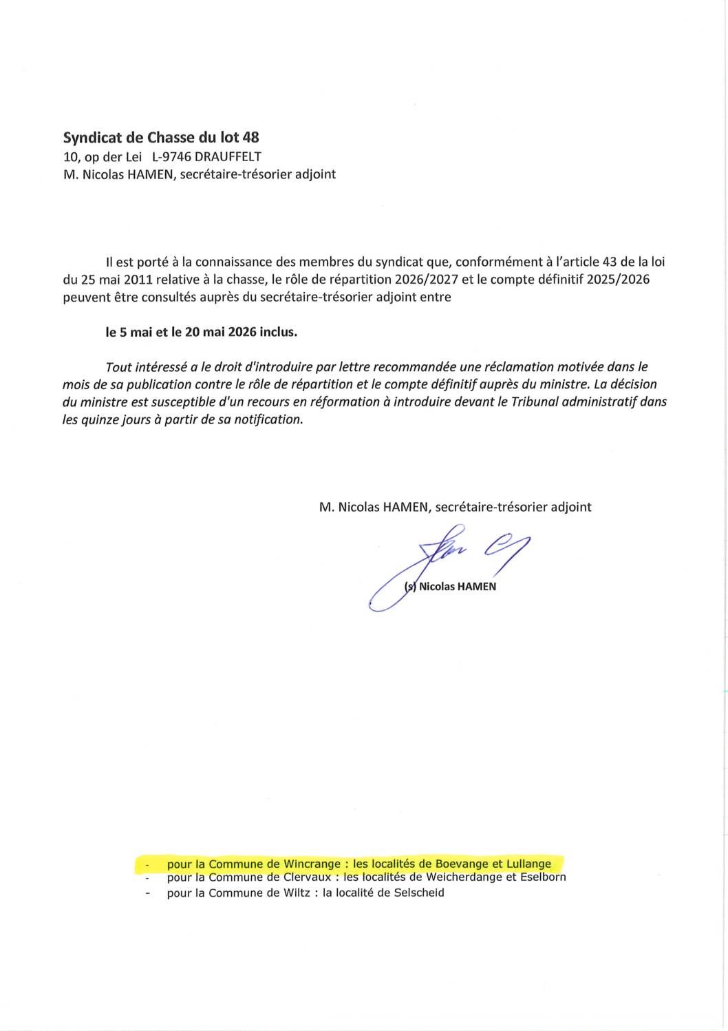 Syndicat de chasse lot 48: rôle de répartition 2026/2027 et compte définitif 2025/2026
