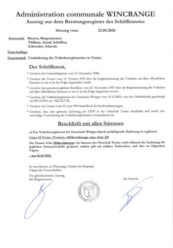 Règlement de circulation: la rue "Om Milleschknupp" à Troine barrée à la circulation, le 06 mai 2026