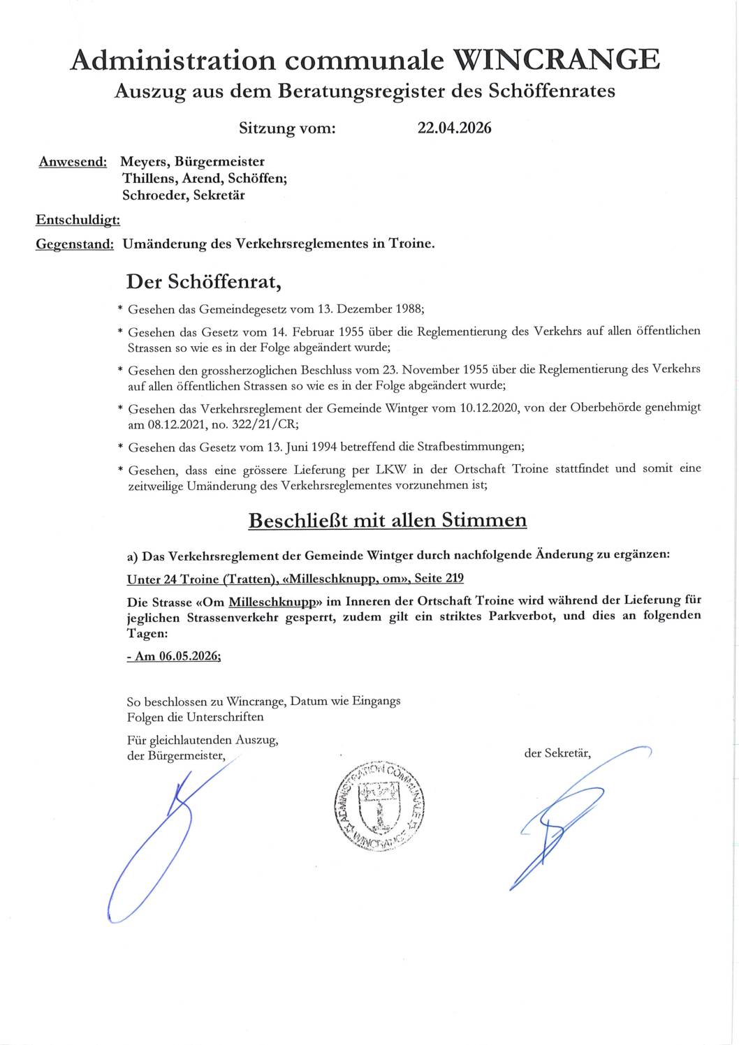 Règlement de circulation: la rue “Om Milleschknupp” à Troine barrée à la circulation, le 06 mai 2026