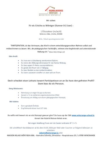 Maison Relais Wëntger asbl recrute: 1 éducateur (m/f/d) pour les besoins de la crèche à Wincrange