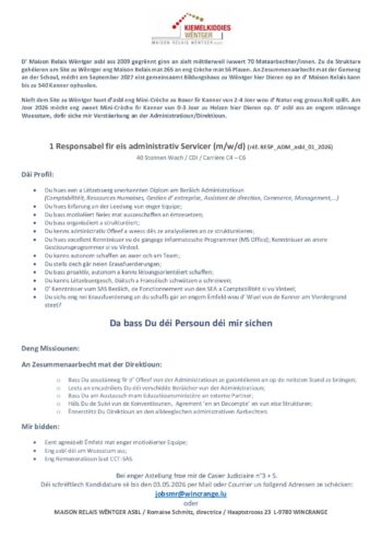 Maison Relais Wëntger asbl recrute: 1 responsable pour les services administratifs (m/f/d)