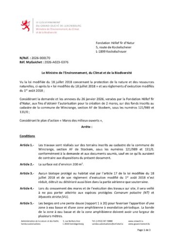 Autorisation: création de 2 mares à Stockem