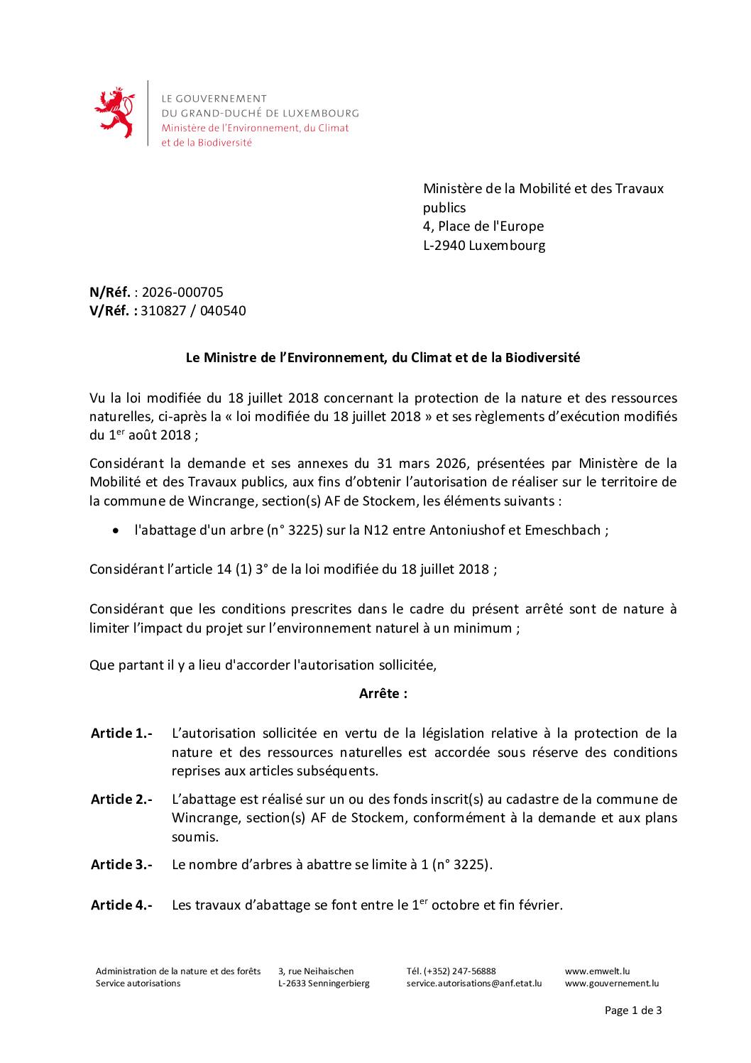 Autorisation: abattage d’un arbre sur la N12 entre Antoniushof et Emeschbaach