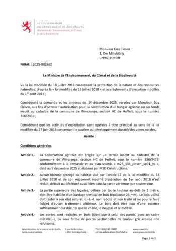 Autorisation: construction d'un hangar agricole à Hoffelt