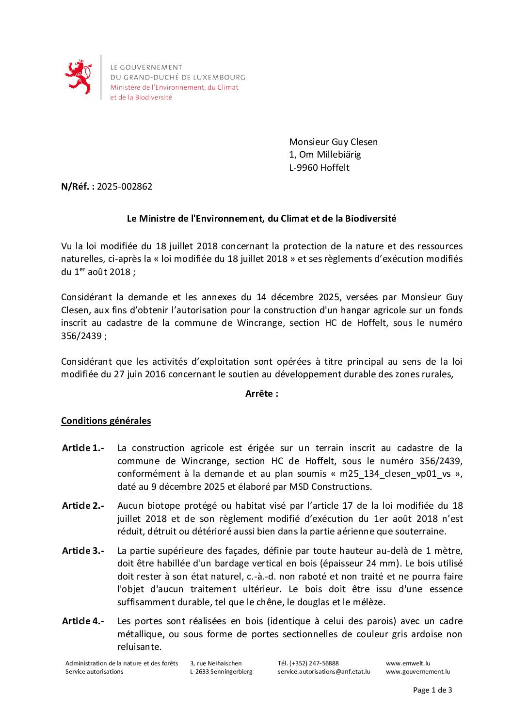 Autorisation: construction d’un hangar agricole à Hoffelt