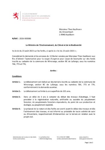 Autorisation: coupe d'urgence pour cause de bostryche à Lullange