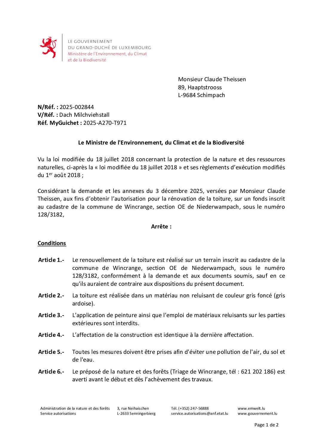 Autorisation: rénovation d’une toiture à Niederwampach