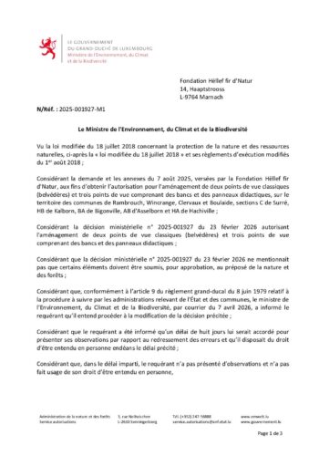 Autorisation: aménagement de 2 points de vues classiques et 3 points de vue comprenant des bancs et des panneaux didactiques