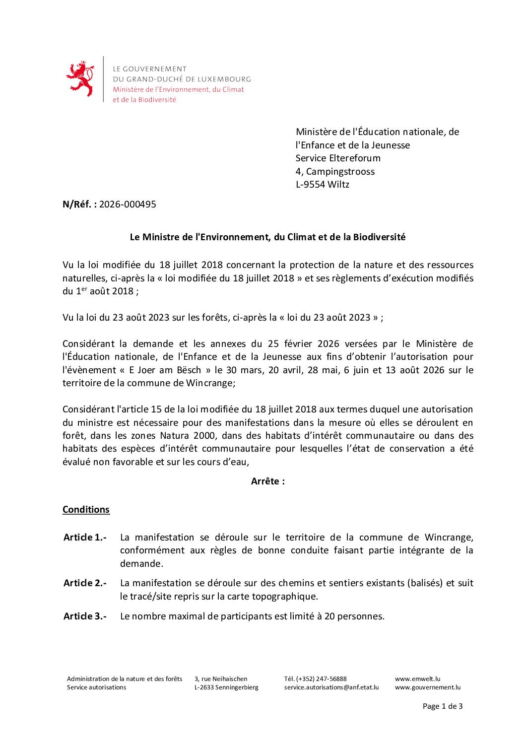 Autorisation: événement “E Joer am Bësch”