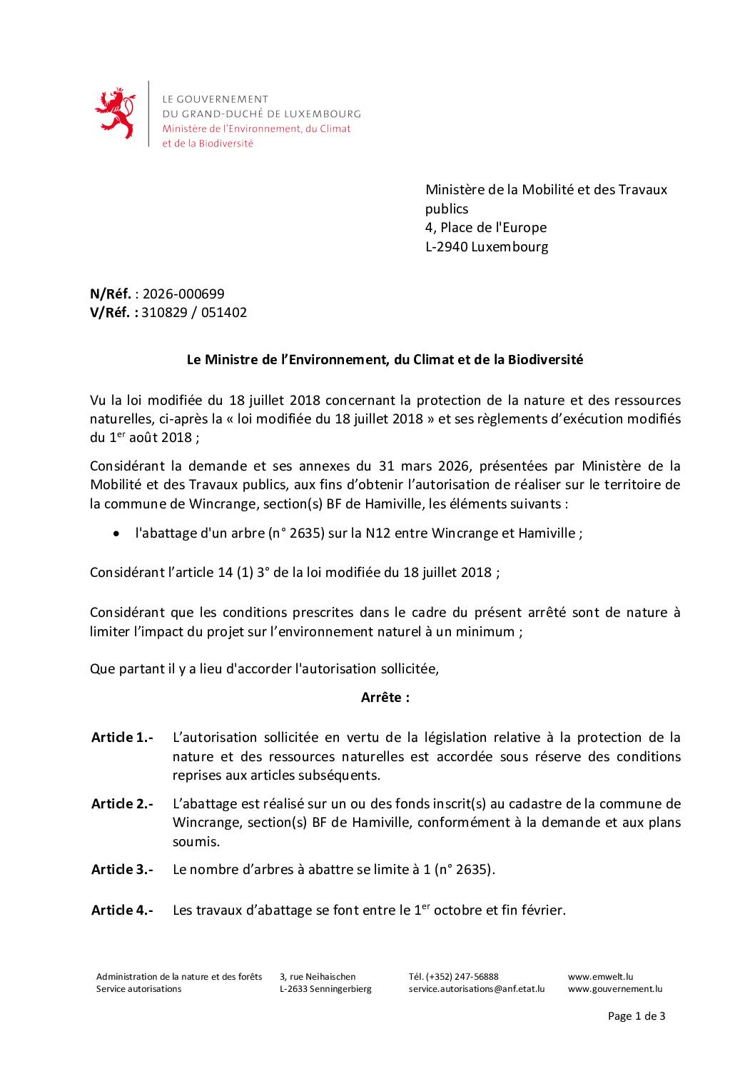 Autorisation: abattage d’un arbre sur la N12 entre Wincrange et Hamiville