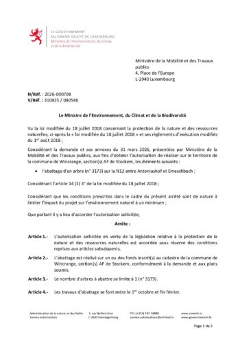 Autorisation: abattage d'un arbre sur la N12 entre Antoniushaf et Emeschbach