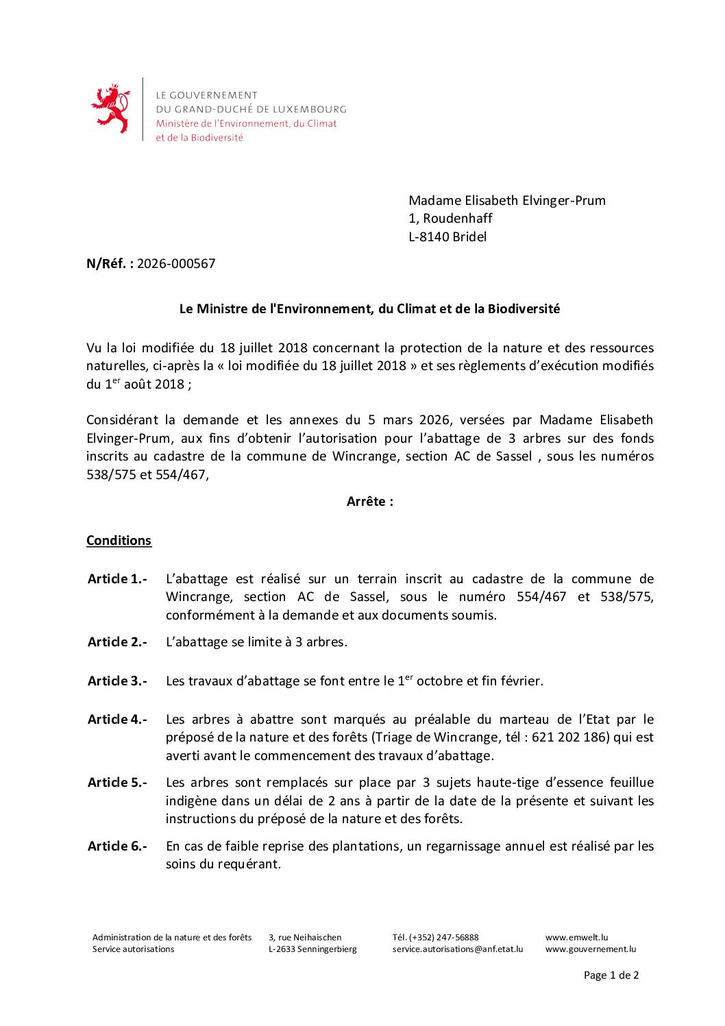 Autorisation: abattage de 3 arbres à Sassel