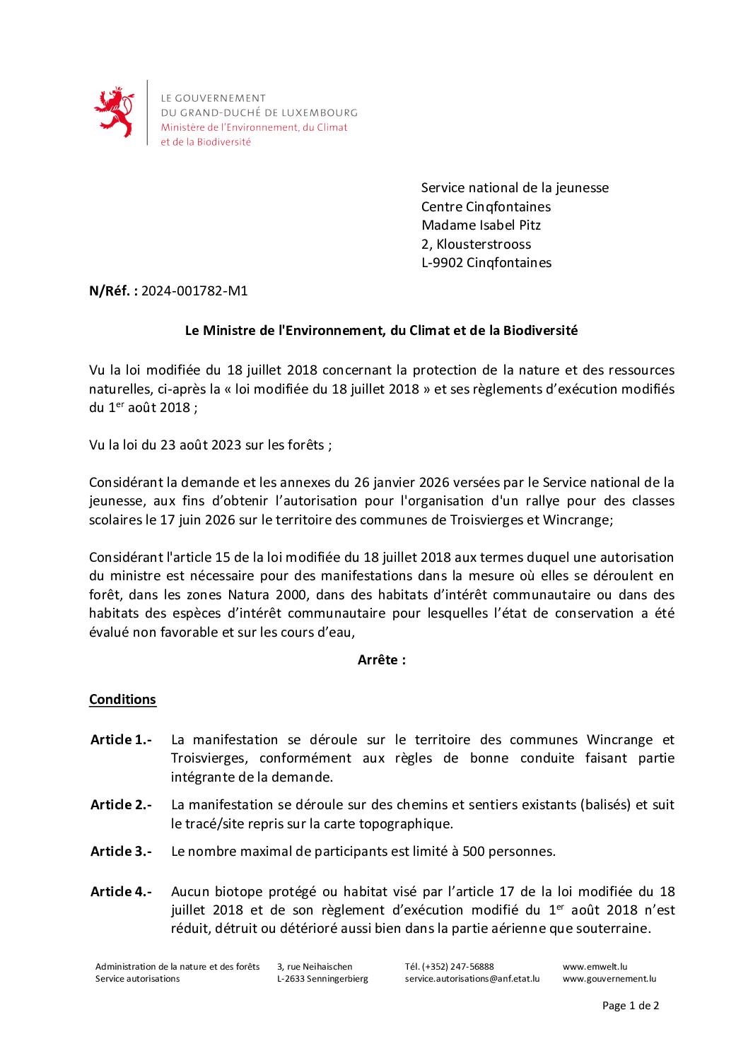 Autorisation: organisation d’un rallye pour des classes scolaires