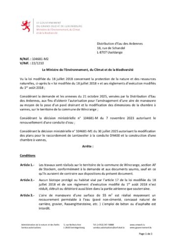 Autorisation: aménagement d'une aire de manoeuvre au moyen de la pose d'un pavé drainant et la modification des dimensions de la chambre à vannes