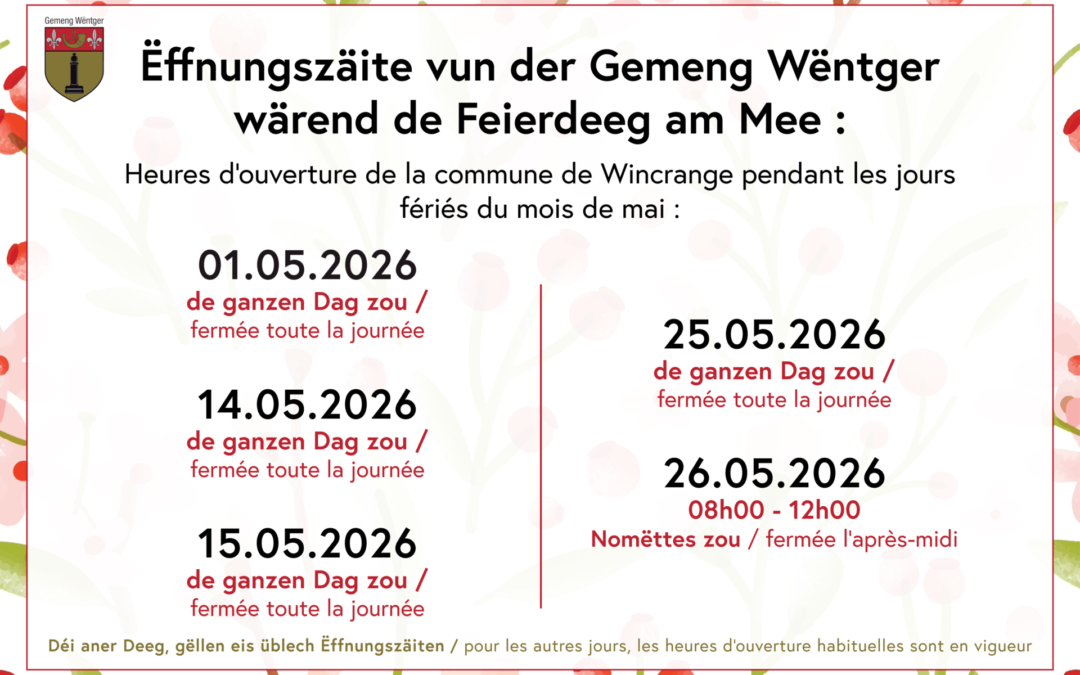 Heures d’ouverture de la commune pendant le mois de mai