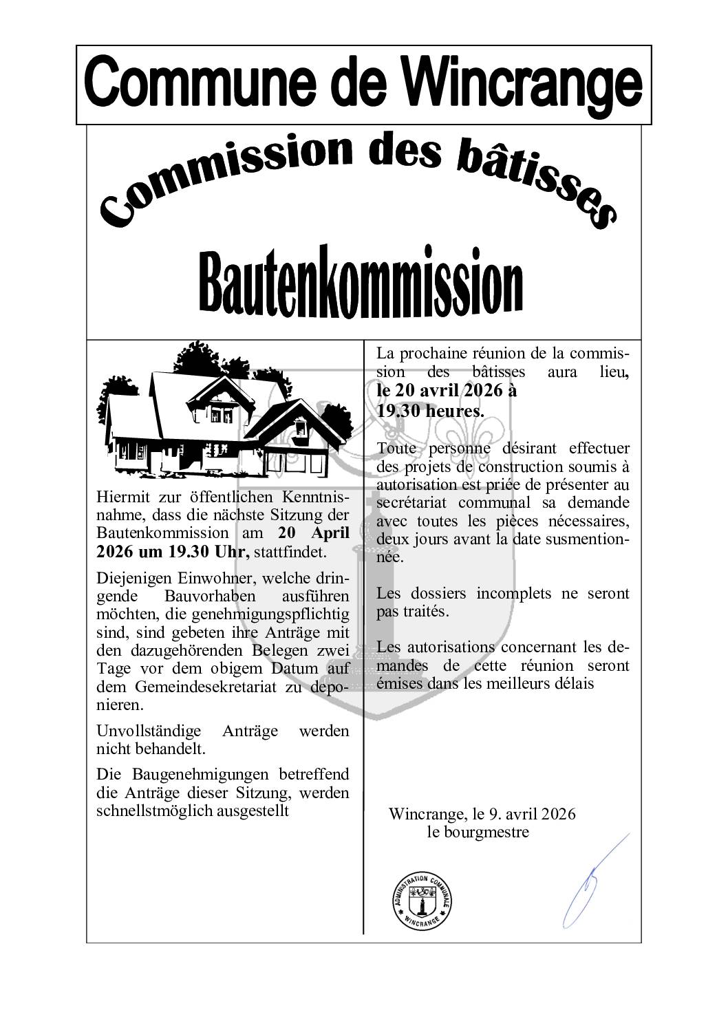 Commission des bâtisses – 20 avril 2026