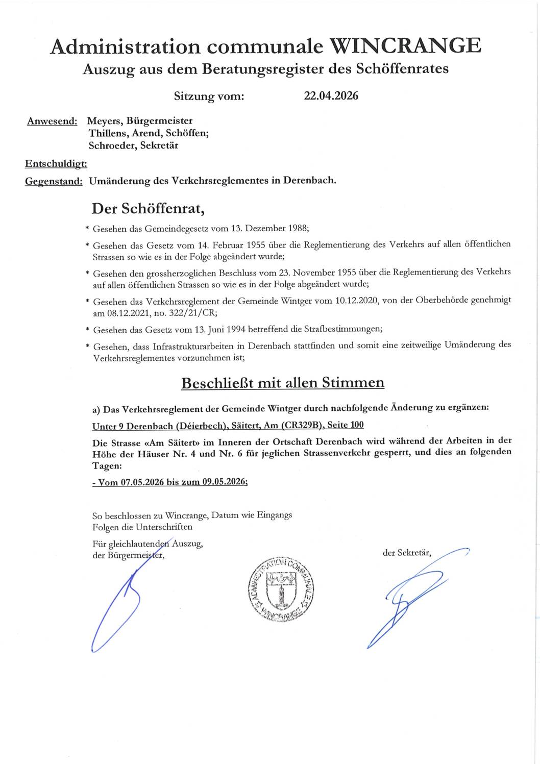 Règlement de circulation: la rue “Am Säitert” à Derenbach barrée à la circulation, du 07 au 09 mai 2026