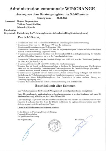 Règlement de circulation: le chemin vicinal ST6 (Wämper Pad) à Stockem barré à la circulation, du 28 avril 2026 jusqu'à finalisation des travaux