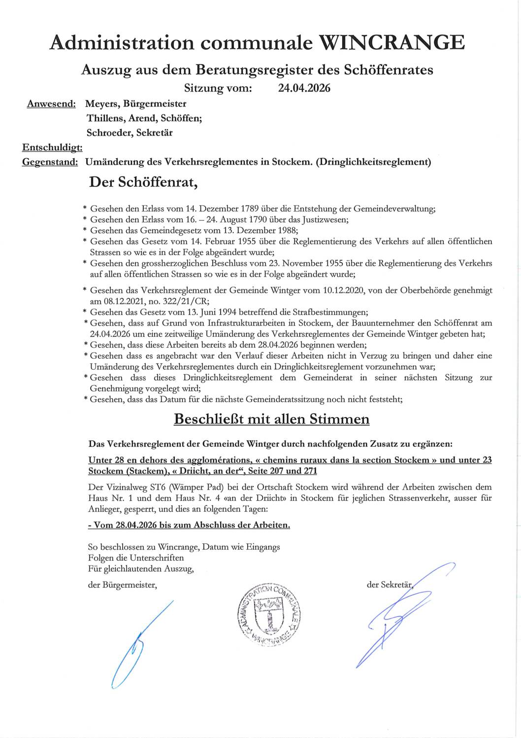 Règlement de circulation: le chemin vicinal ST6 (Wämper Pad) à Stockem barré à la circulation, du 28 avril 2026 jusqu’à finalisation des travaux