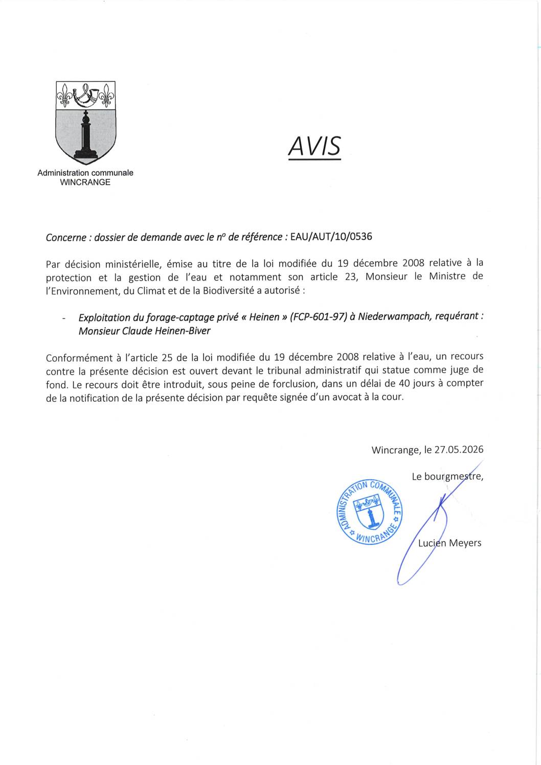 Avis: exploitation du forage-captage privé “Heinen” à Niederwampach