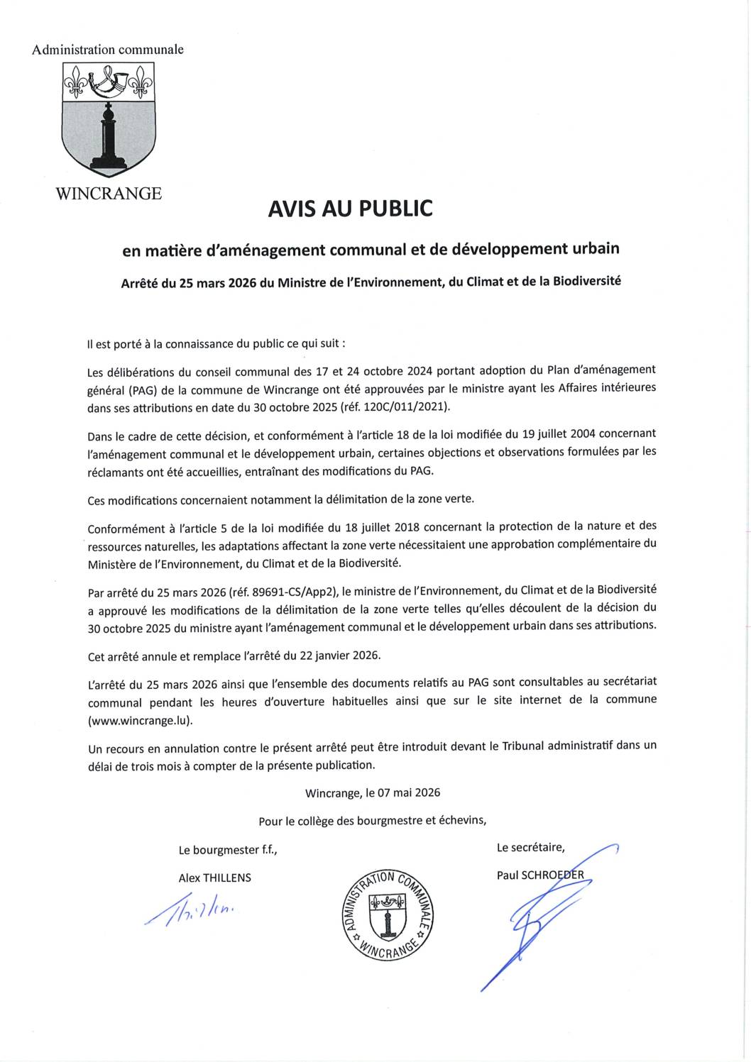 Avis au public: aménagement communal et développement urbain