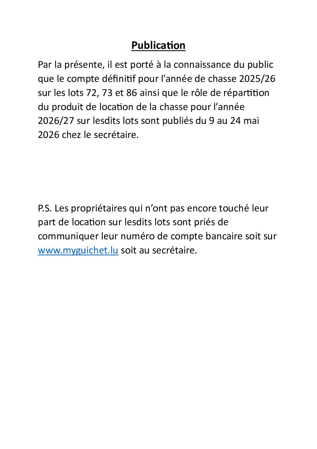 Syndicat de chasse lots 72, 73 et 86: compte définitif 2025/2026 et rôle de répartition 2026/2027