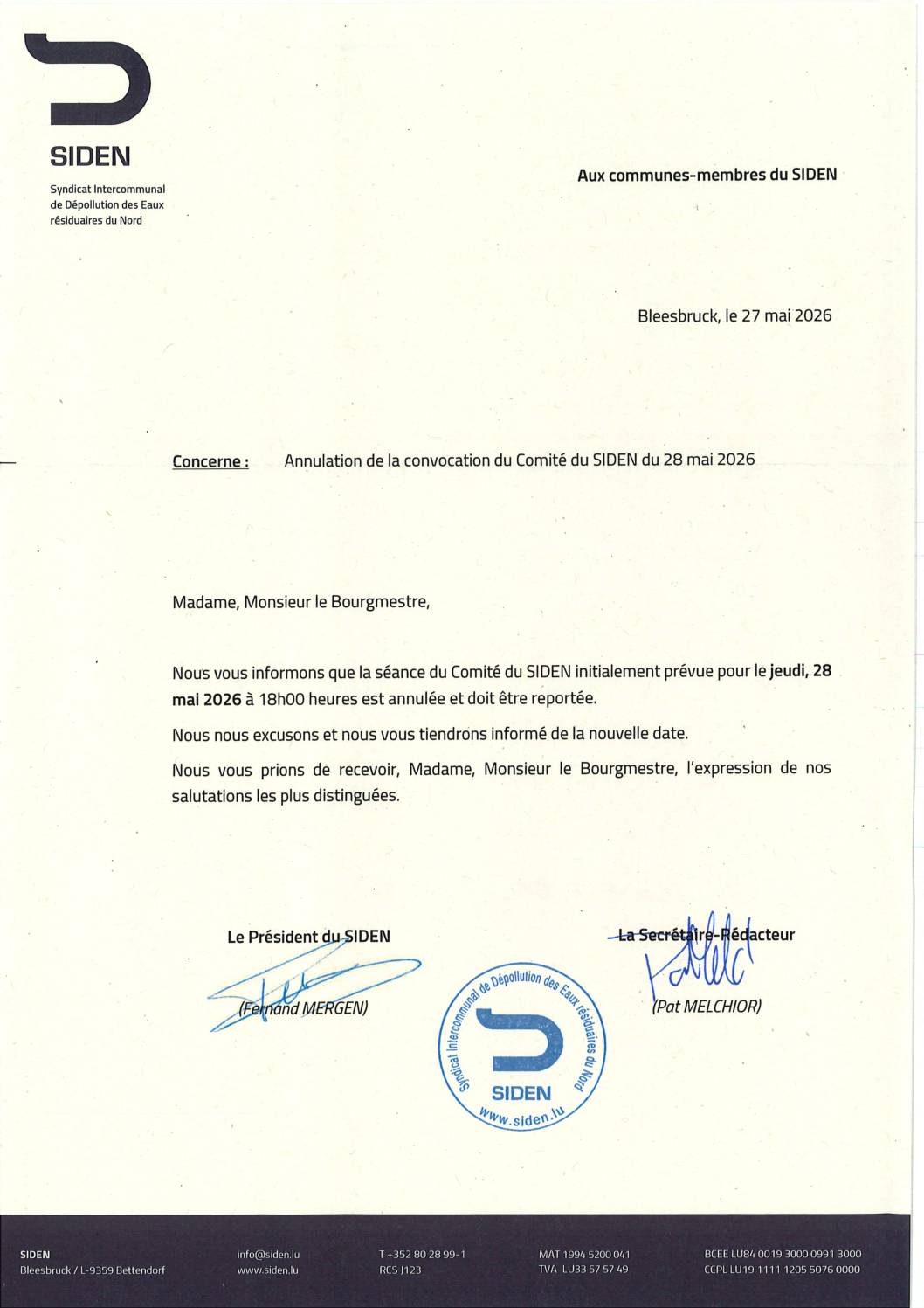 SIDEN: annulation de la convocation à la réunion du comité